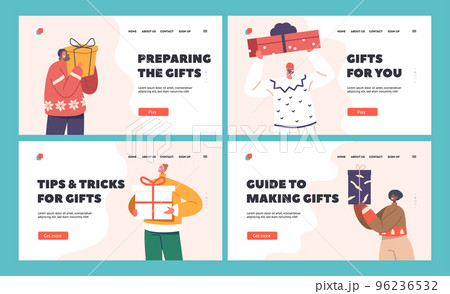Happy People with Gifts Landing Page Template Set Male and Female Characters Prepare Winter for Holidays Celebration 96236532