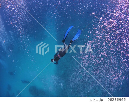 人魚のように素潜りするダイバー 96236966