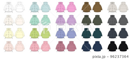 Set of oversized raglan puffer winter down coat technical sketch. Women's quilting jacket design template collection. 96237364