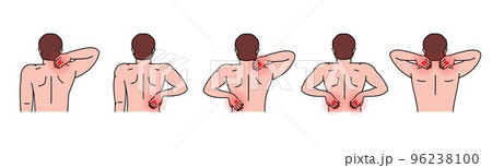 Human back and neck pains. Ache in head, neck and back. Pain in different part of man body set. Health problem of muscle pain and spinal issues. Human back and neck pains. Ache in head, neck and back. Pain in different part of man body set. Health problem of muscle pain and spinal issues. 96238100
