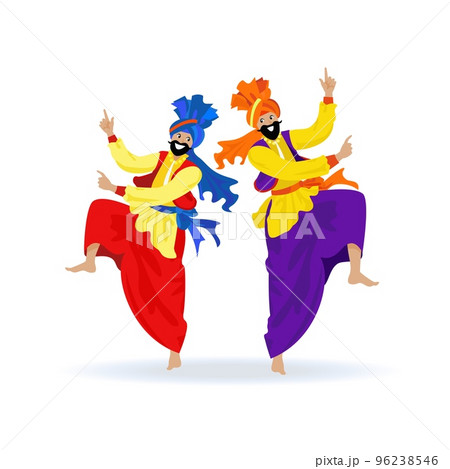 Two happy bearded Sikh men in turbans, colorful clothes, dancing traditional bhangra dance on Indian festival Lohri, party. Cartoon flat illustration 96238546