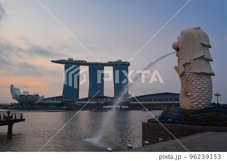 朝焼けのマリーナベイ・サンズとマーライオン 96239153
