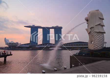 朝焼けのマリーナベイ・サンズとマーライオン 96239158