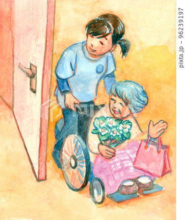 職員に車椅子を押してもらう女性のイラスト 96239197