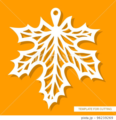 Leaf pendant. White openwork maple leaf on yellow background. Hanging decoration, keychain on the theme of plants, nature. Template for plotter laser cutting of paper, metal engraving, wood carving. 96239269