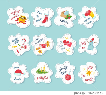 Set of Christmas stickers or magnets with various objects and hand drawn lettering in clouds of various shapes 96239445