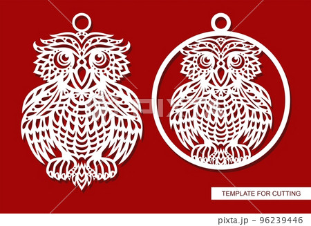 Owl pendant set. Christmas ball, decorative hanging toy, jewelry decoration, trinket with a bird. Template for plotter laser cutting of paper, metal engraving, wood carving, cnc. Vector illustration. Owl pendant set. Christmas ball, decorative hanging toy, jewelry decoration, trinket with a bird. Template for plotter laser cutting of paper, metal engraving, wood carving, cnc. Vector illustration. 96239446