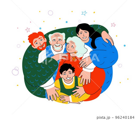 Joyful European family hugging, comic image 96240184