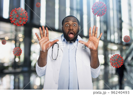 Doctor is afraid due to codiv19 virus attack. Cyan background Doctor is afraid due to codiv19 virus attack. Cyan background 96240493