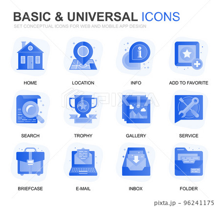 Modern Set Basic Gradient Flat Icons for Website and Mobile Apps. Contains such Icons as Location, Briefcase, Lamp, Support, Business, Award. Conceptual color flat icon. Vector pictogram pack. 96241175