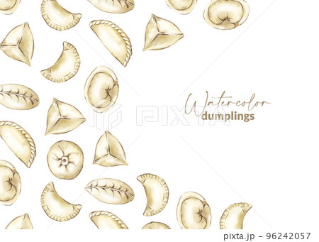 Template design with hand drawn chinese dumpling. Asian steamed food. Homemade wrapper with filling. Traditional cuisine for asian menu, restaurant and recipe. Savoury dumpling made from dough. 96242057