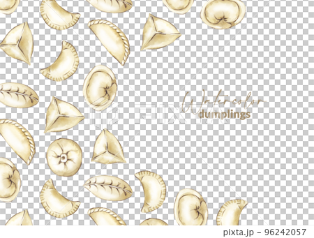 Template design with hand drawn chinese dumpling. Asian steamed food. Homemade wrapper with filling. Traditional cuisine for asian menu, restaurant and recipe. Savoury dumpling made from dough. 96242057