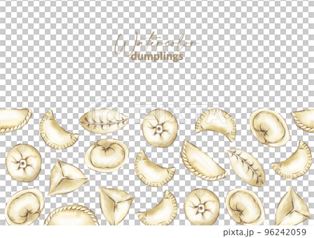 Banner with hand drawn chinese dumpling. Asian steamed food. Homemade wrapper with filling. Traditional cuisine for asian menu, restaurant and recipe. Savoury dumpling made from dough. 96242059