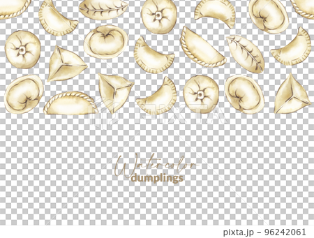 Border with hand drawn chinese dumpling. Asian steamed food. Homemade wrapper with filling. Traditional cuisine for asian menu, restaurant and recipe. Savoury dumpling made from dough. 96242061