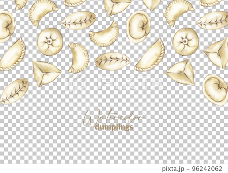 Design with hand drawn chinese dumpling. Asian steamed food. Homemade wrapper with filling. Traditional cuisine for asian menu, restaurant and recipe. Savoury dumpling made from dough. 96242062