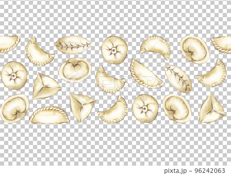 Seamless banner with hand drawn chinese dumpling. Asian steamed food. Homemade wrapper with filling. Traditional cuisine for asian menu, restaurant and recipe. Savoury dumpling made from dough. 96242063