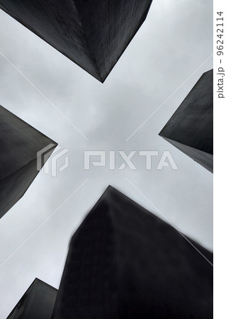 Black and white photo. Concrete structures against the sky, background. 96242114