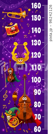 Kids height chart ruler. Wizard and fairy musical instrument characters between music waves and sounds. Kids height measure ruler or vector meter with funny trumpet, drum and lyra, violin, bass, horn 96242126