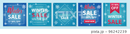Winter and Christmas Sale square template set for ads posts in social media. Bundle of layouts with snowflakes and discounts. Suitable for mobile apps, banner design and web ads. Vector illustration. Winter and Christmas Sale square template set for ads posts in social media. Bundle of layouts with snowflakes and discounts. Suitable for mobile apps, banner design and web ads. Vector illustration. 96242239