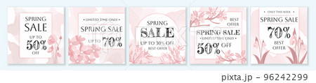 Spring Sale square template set for ads posts in social media. Bundle of pink layouts with seasonal flowers and wildflowers. Suitable for mobile apps, banner design and web ads. Vector illustration. 96242299