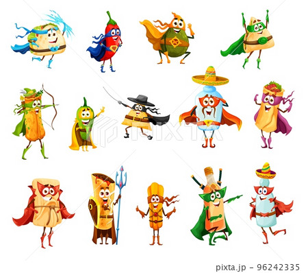 Tex mex mexican food superhero and defender characters. Isolated vector tacos, burrito, chili pepper and nachos, enchiladas, jalapeno, tamale and chimichanga with tequila, churros, mezcal and pulque 96242335