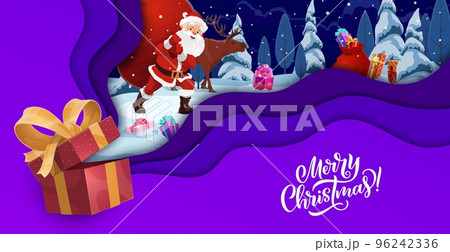 Christmas paper cut cartoon Santa with gifts bag in winter holiday snowy forest. Merry Christmas vector card of Santa character and reindeer delivering Xmas presents with layered papercut wavy border 96242336