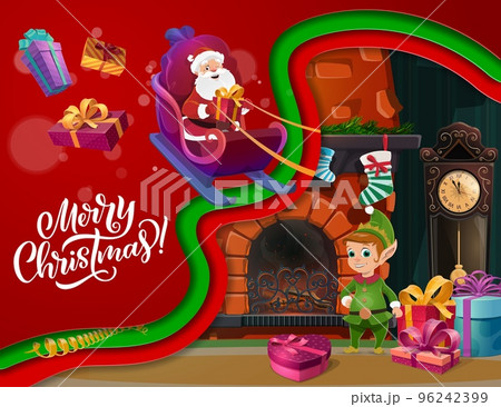 Christmas paper cut Santa, gnome and gifts near fireplace and socks. Vector winter holiday characters with layered papercut waves. Cartoon Santa delivering Xmas gifts and presents on Christmas sleigh 96242399