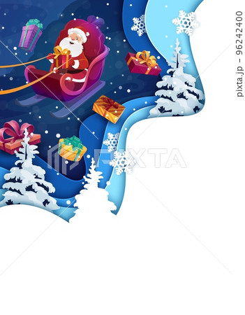 Christmas paper cut poster. Flying cartoon santa on sleigh and holiday gifts. Vector template with 3d papercut layered effect, vertical blank card with funny santa riding sled in night sky with snow Christmas paper cut poster. Flying cartoon santa on sleigh and holiday gifts. Vector template with 3d papercut layered effect, vertical blank card with funny santa riding sled in night sky with snow 96242400