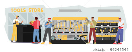 Male Characters Buying Tools And Instruments In Hardware Shop. Men Choose Devices For Fixing, Carpentry, Renovation Male Characters Buying Tools And Instruments In Hardware Shop. Men Choose Devices For Fixing, Carpentry, Renovation 96242542
