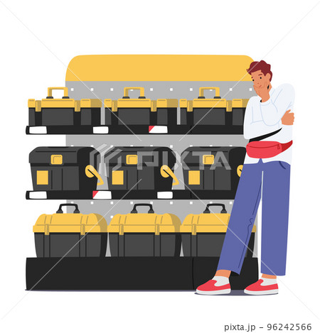Male Character Choose Toolbox For Instruments In Hardware Shop. Man Stand At Shelf With Different Goods 96242566