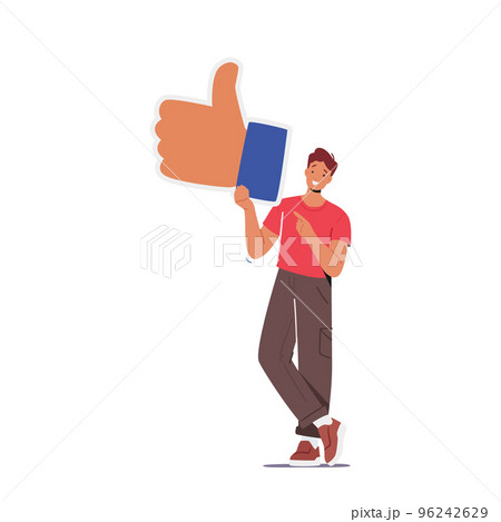 Social Media Interaction, Social Network Communication On Mobile App Concept. Male Character Holding Big Thumb Up 96242629