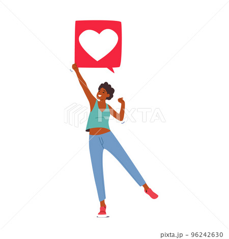 Virtual Communication In Networks Concept. African Female Character Holding Heart Icon Like Notification Illustration 96242630