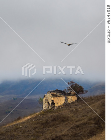 Vertical view of old family crypt on a misty mountain slope. Old Erzi tower complex in the Jeyrah gorge, located on the extremity of the mountain range in Ingushetia, Russia. 96243019