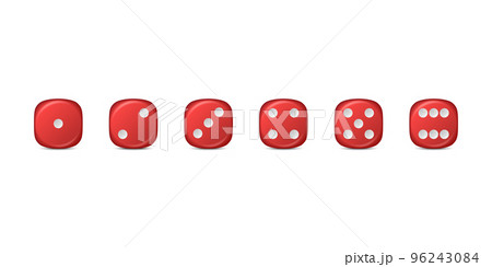 Vector 3d Realistic Red Game Dice Icon Set Closeup Isolated. Game Cubes for Gambling, Casino Dices From One to Six Dots, Round Edges 96243084