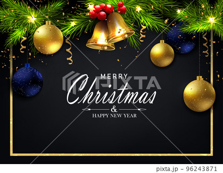 Christmas black card, coniferous garland and balls on pendants 96243871