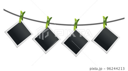 Photo frames hanging on rope attached with clothes pins or clothespin. Blank instant photo card icons isolated on white background 96244213