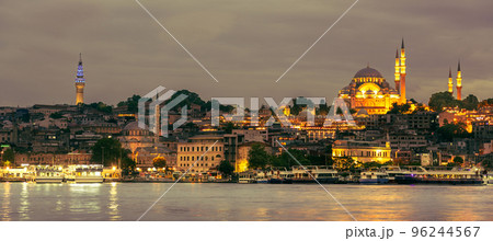 Suleymaniye Mosque with night illumination and minaret of Rustem Pasha Mosque, Istanbul, Turkey 96244567