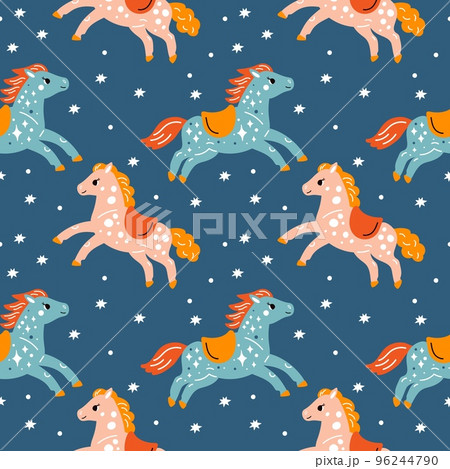 Seamless carousel horses pattern. Vintage funfair elements. Decorative animal figurines. Colorful ponies. Festival fair amusement. Galloping stallions with saddles. Garish vector background 96244790