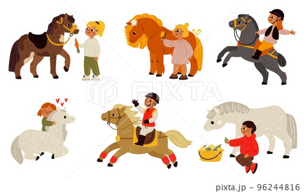 Cartoon kids with horses. Cute children riding pony. Farm animals care. Jockey hugging or feeding pets. Sport horseback racing. Hippodrome equestrian. Stallion dressage. Garish vector set 96244816