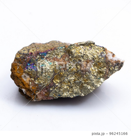 Natural stone chalcopyrite on a white background. Mineral of golden color on a white background 96245166