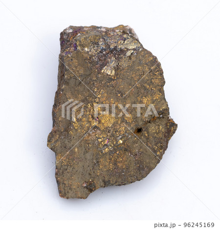 Natural stone chalcopyrite on a white background. Mineral of golden color on a white background Natural stone chalcopyrite on a white background. Mineral of golden color on a white background 96245169