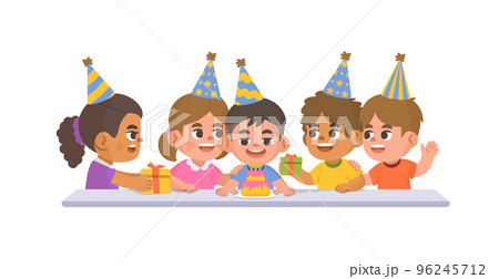 Kids are having a birthday party with their friends. illustration cartoon character vector design on white background. kid and education concept. Kids are having a birthday party with their friends. illustration cartoon character vector design on white background. kid and education concept. 96245712
