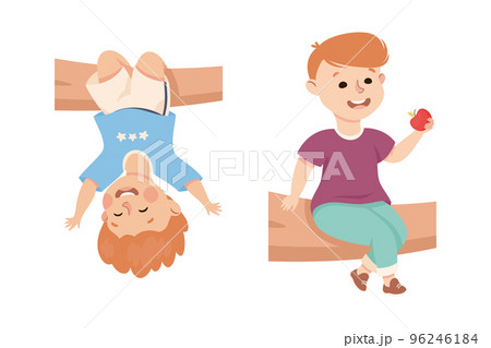 Happy Boy Playing on Tree Hanging and Sitting on Branch Having Fun Enjoying Summer Vector Set 96246184