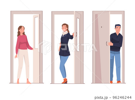 Man and Woman Character at Open Door Leaving and Coming Home Vector Set Man and Woman Character at Open Door Leaving and Coming Home Vector Set 96246244