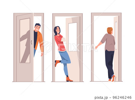 Man and Woman Character at Open Door Leaving and Coming Home Vector Set 96246246