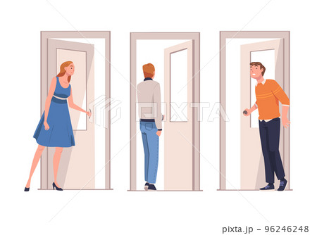 Man and Woman Character at Open Door Leaving and Coming Home Vector Set Man and Woman Character at Open Door Leaving and Coming Home Vector Set 96246248
