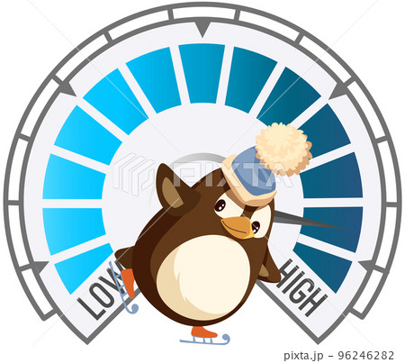 Cute penguin with ice skate wearing warm hat figure skating outdoors, cold temperature change 96246282