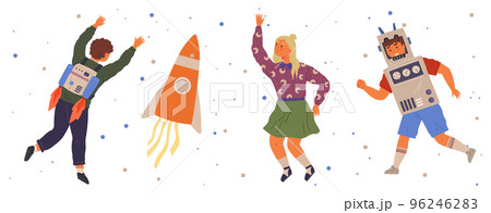 Set of happy people in different costumes for space party. Characters in creative self made outfits Set of happy people in different costumes for space party. Characters in creative self made outfits 96246283