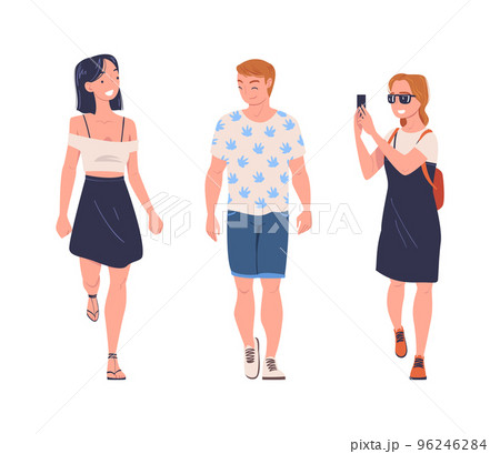 Walking Man and Woman Character Strolling in the Street and Smiling Vector Set Walking Man and Woman Character Strolling in the Street and Smiling Vector Set 96246284