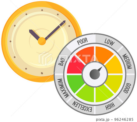 Concept of time measurement, being late and punctuality. Wall clock and power regulator gamma Concept of time measurement, being late and punctuality. Wall clock and power regulator gamma 96246285
